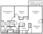 Two Bedroom, One and a Half Bathroom 852 Square Feet
