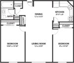 Two Bedrooms, One Bathroom 921 Square Feet